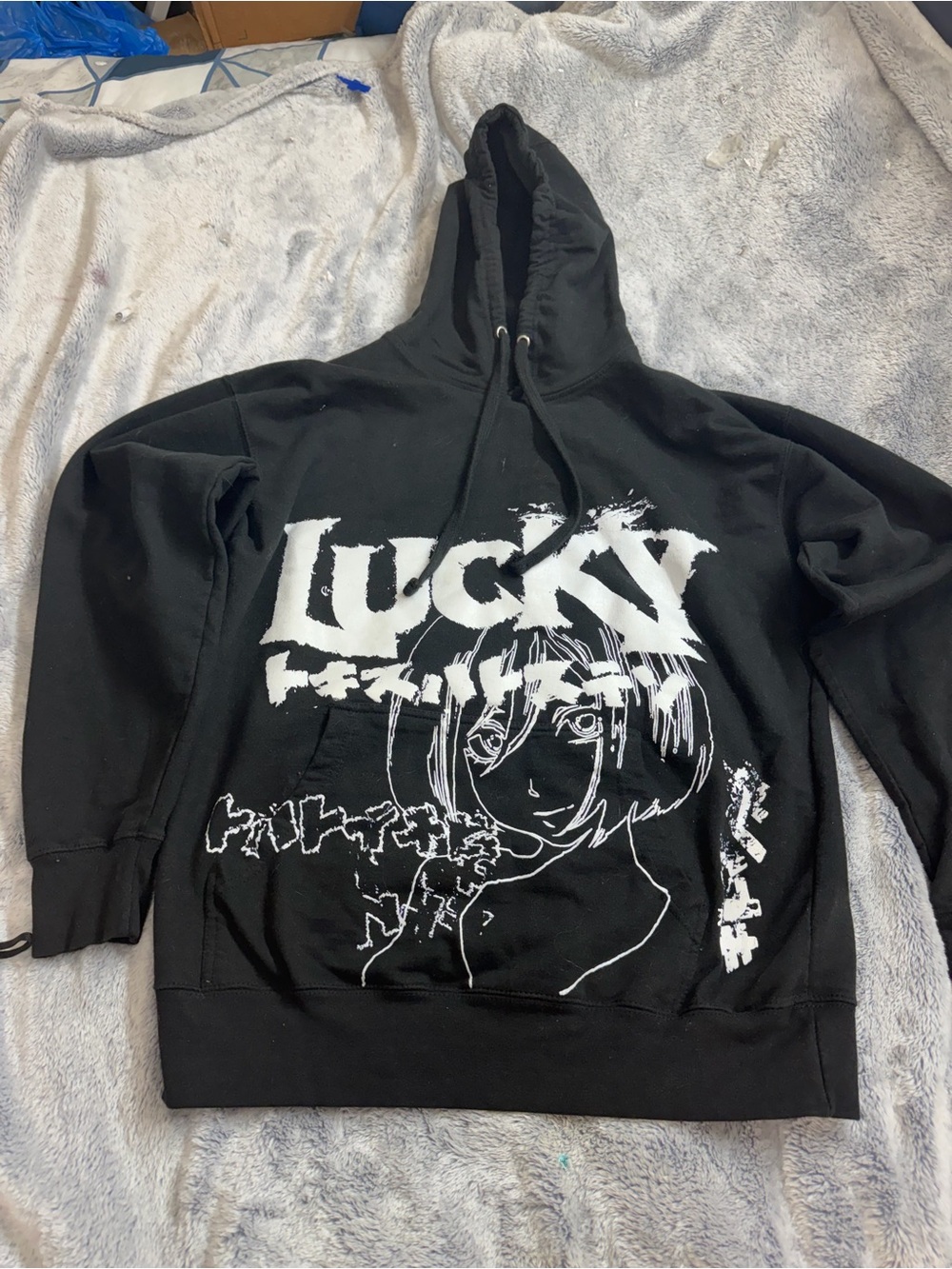 Lucky Brand Black Graphic Zip-Up Hoodie with White Illustration